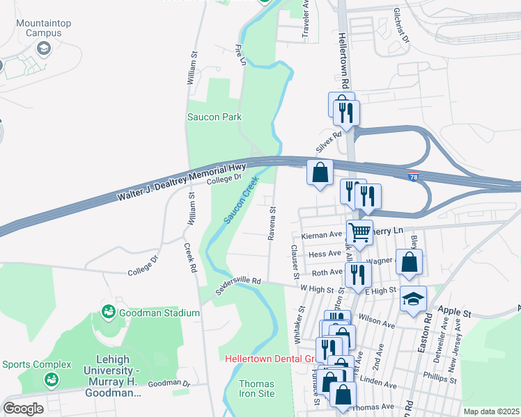 map of restaurants, bars, coffee shops, grocery stores, and more near 1720 Mertwood Street in Bethlehem