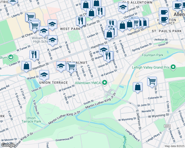 map of restaurants, bars, coffee shops, grocery stores, and more near 219 South Fulton Street in Allentown