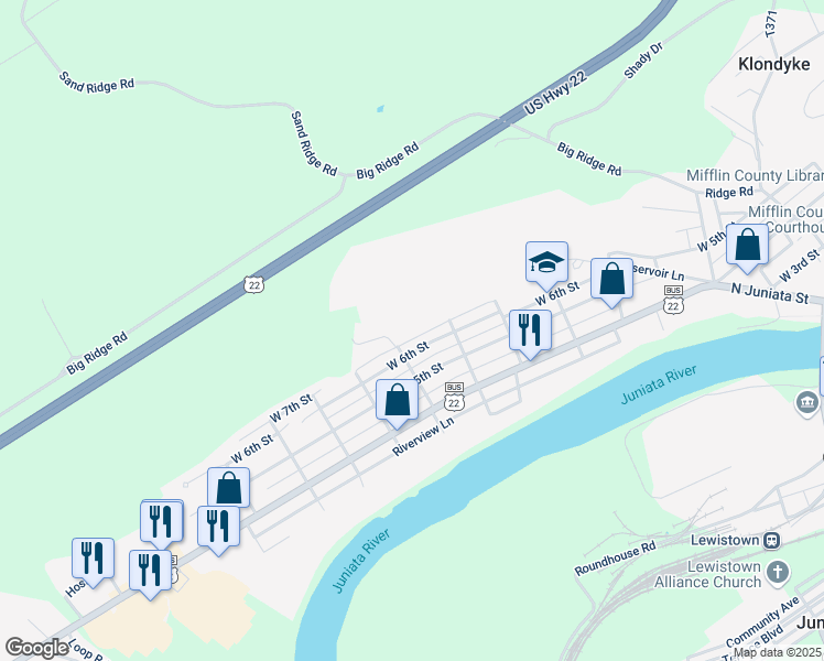 map of restaurants, bars, coffee shops, grocery stores, and more near 725 West 6th Street in Lewistown