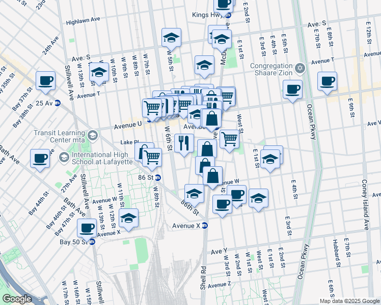 map of restaurants, bars, coffee shops, grocery stores, and more near 400 Van Sicklen Street in Brooklyn
