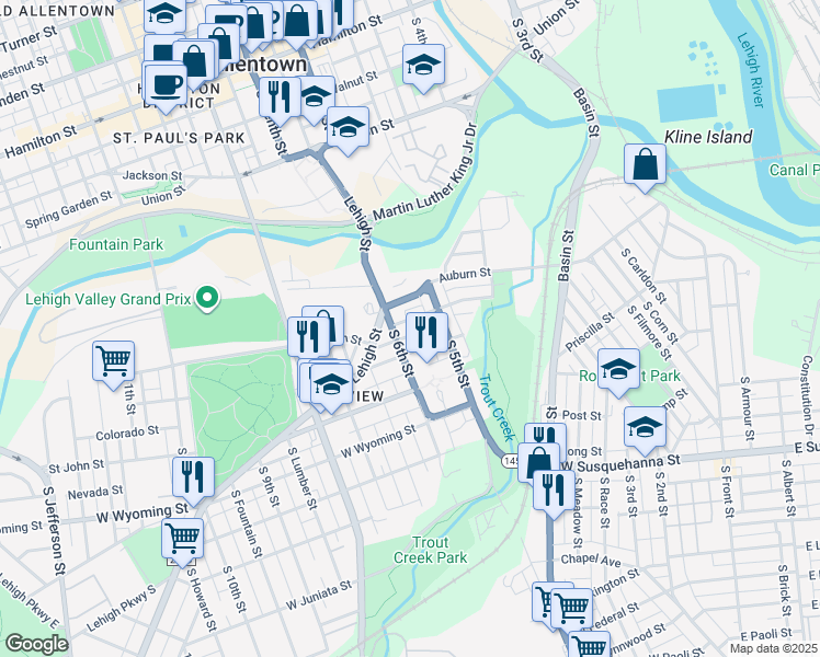 map of restaurants, bars, coffee shops, grocery stores, and more near 522 Harrison Street in Allentown