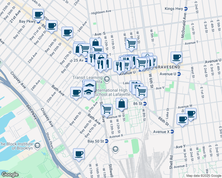 map of restaurants, bars, coffee shops, grocery stores, and more near 2160 West 12th Street in Brooklyn