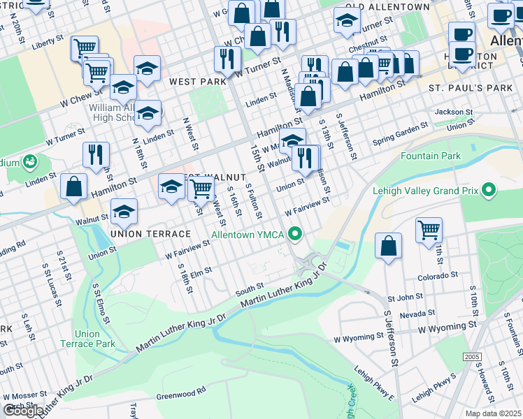 map of restaurants, bars, coffee shops, grocery stores, and more near 219 South Fulton Street in Allentown