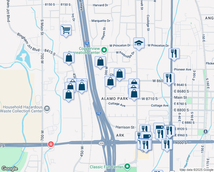 map of restaurants, bars, coffee shops, grocery stores, and more near 8637 Harrison Street in Sandy