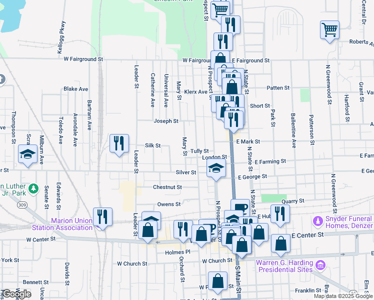 map of restaurants, bars, coffee shops, grocery stores, and more near 394 Mary Street in Marion