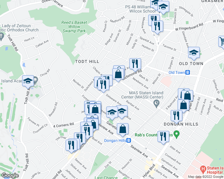 map of restaurants, bars, coffee shops, grocery stores, and more near 1412 Richmond Road in Staten Island