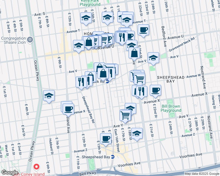 map of restaurants, bars, coffee shops, grocery stores, and more near 1500 Avenue W in Brooklyn