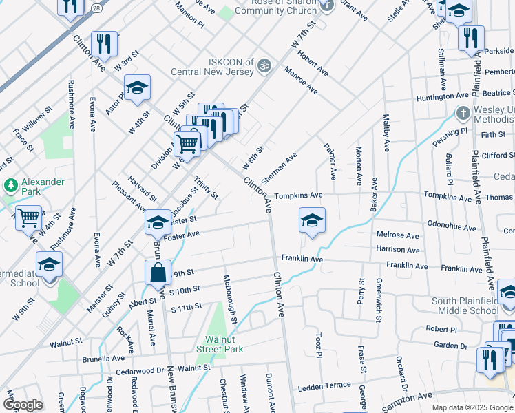 map of restaurants, bars, coffee shops, grocery stores, and more near 7 Rauer Court in South Plainfield
