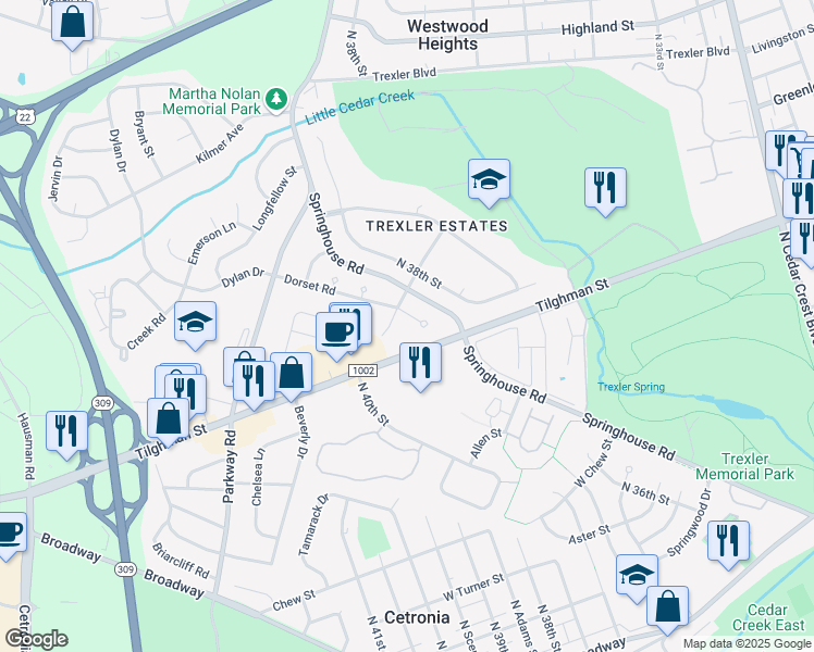 map of restaurants, bars, coffee shops, grocery stores, and more near 729 Dorset Road in Allentown