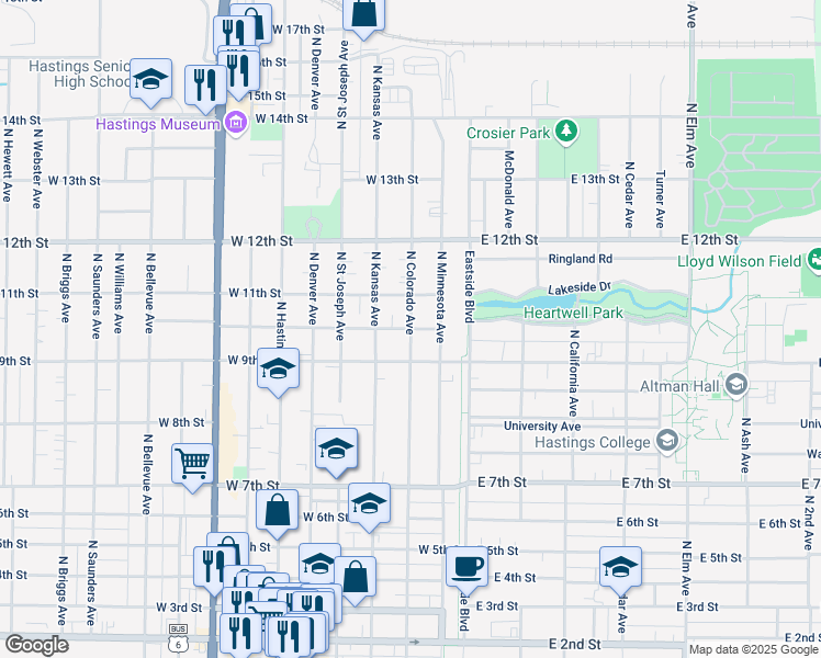 map of restaurants, bars, coffee shops, grocery stores, and more near 999 North Colorado Avenue in Hastings