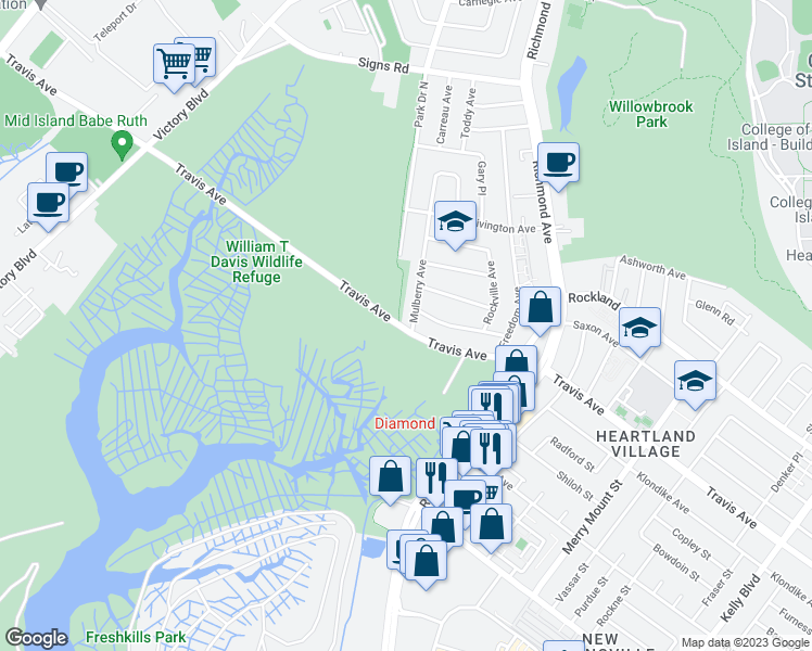 map of restaurants, bars, coffee shops, grocery stores, and more near 121 Mulberry Avenue in Staten Island