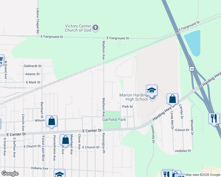 map of restaurants, bars, coffee shops, grocery stores, and more near 345 Denning Avenue in Marion