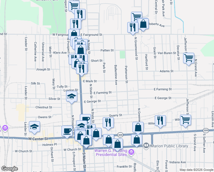 map of restaurants, bars, coffee shops, grocery stores, and more near 376 Park Street in Marion