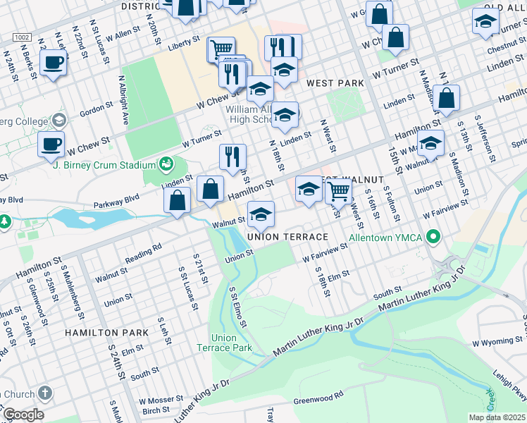 map of restaurants, bars, coffee shops, grocery stores, and more near 1827 Walnut Street in Allentown