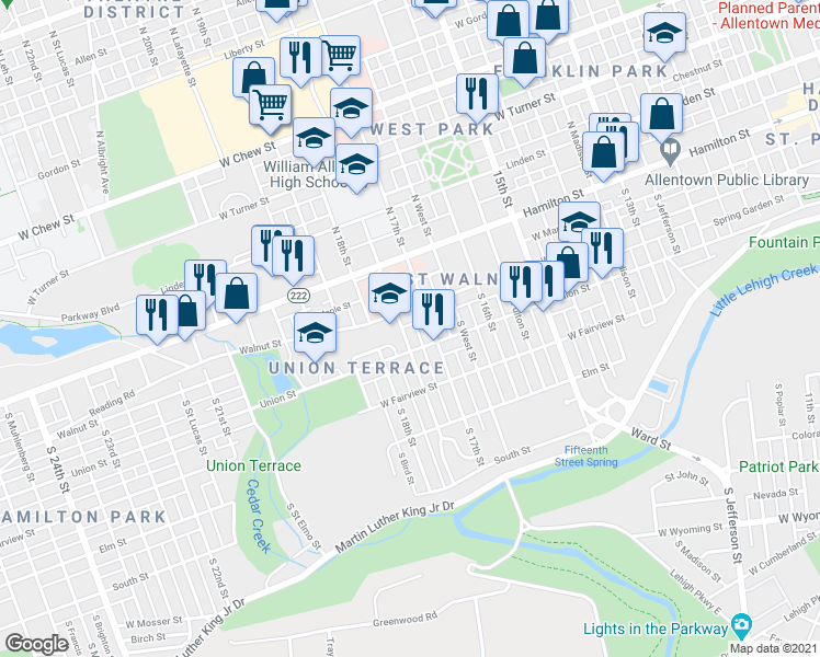 map of restaurants, bars, coffee shops, grocery stores, and more near 115 S St Cloud St in Allentown