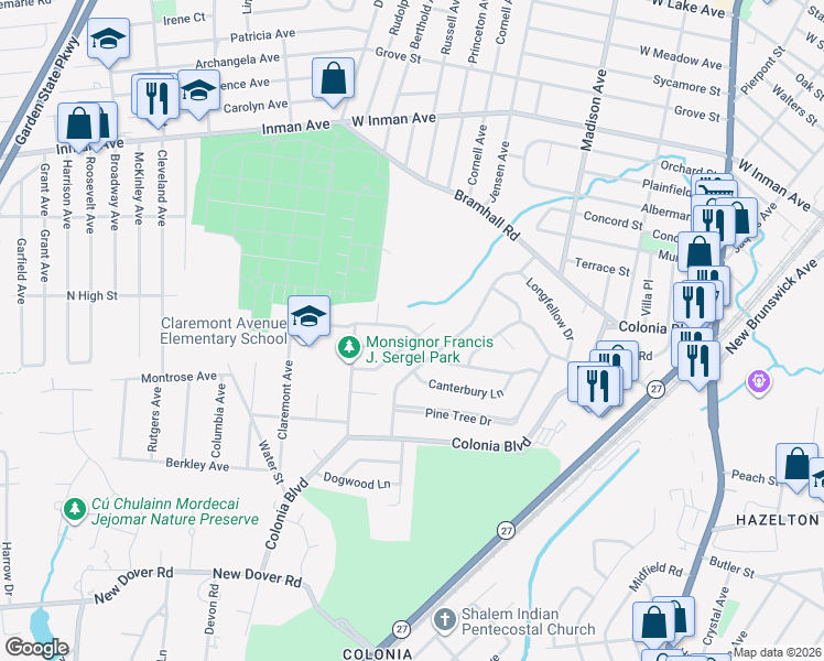 map of restaurants, bars, coffee shops, grocery stores, and more near 3 Stanford Avenue in Woodbridge Township