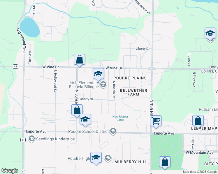 map of restaurants, bars, coffee shops, grocery stores, and more near 520 Irish Drive in Fort Collins