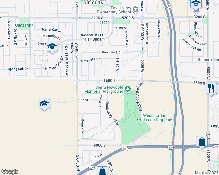 map of restaurants, bars, coffee shops, grocery stores, and more near 8643 Duck Ridge Way in West Jordan