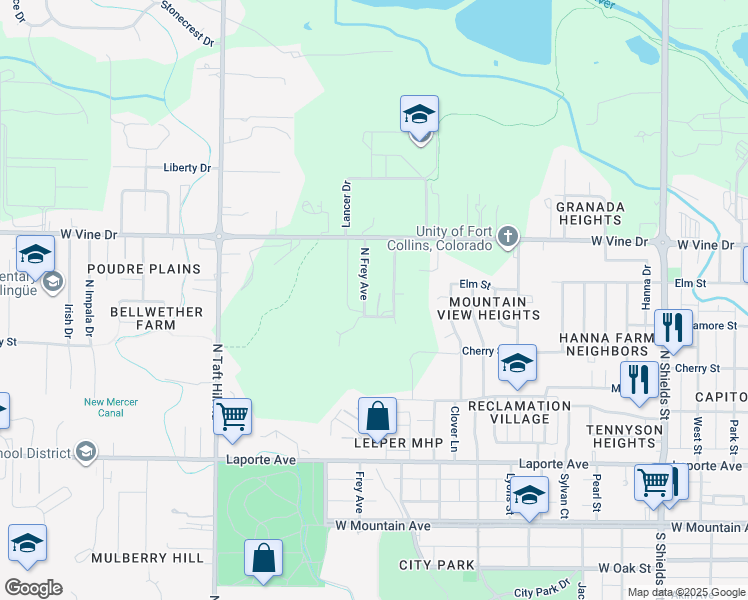 map of restaurants, bars, coffee shops, grocery stores, and more near 514 North Frey Avenue in Fort Collins