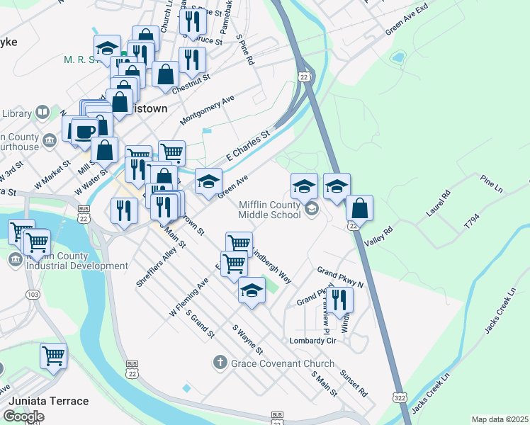 map of restaurants, bars, coffee shops, grocery stores, and more near 41 Manor Drive in Lewistown