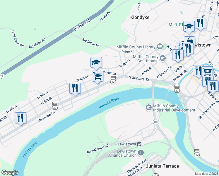 map of restaurants, bars, coffee shops, grocery stores, and more near 6 Richmond Court in Lewistown