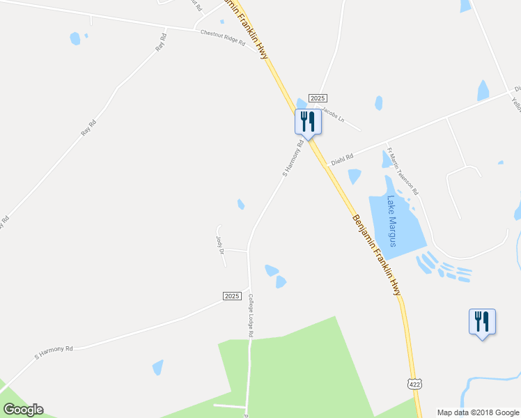 map of restaurants, bars, coffee shops, grocery stores, and more near 288 South Harmony Road in Penn Run