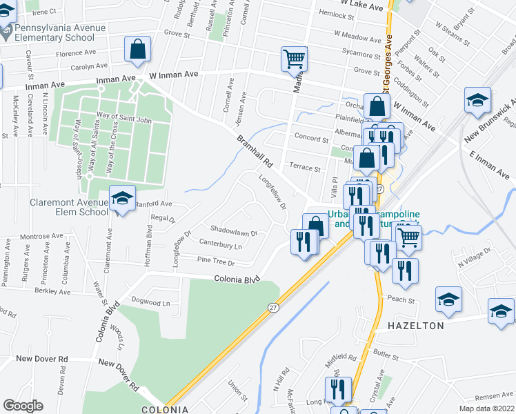 map of restaurants, bars, coffee shops, grocery stores, and more near 21 Tanglewood Lane in Woodbridge Township