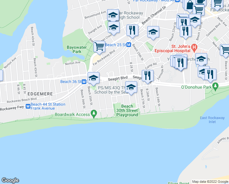 map of restaurants, bars, coffee shops, grocery stores, and more near 31-05 Seagirt Avenue in Queens