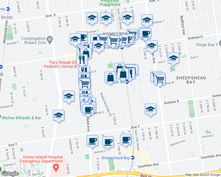 map of restaurants, bars, coffee shops, grocery stores, and more near E 13th St & Gravesend Neck Rd in Brooklyn