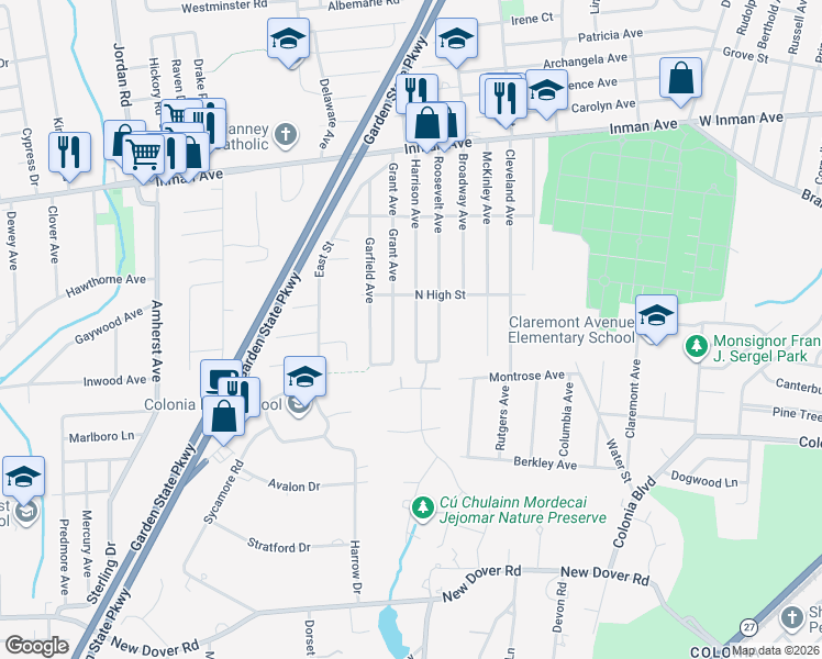 map of restaurants, bars, coffee shops, grocery stores, and more near 155 Harrison Avenue in Woodbridge Township