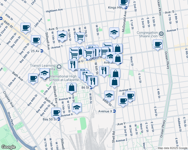 map of restaurants, bars, coffee shops, grocery stores, and more near 169 Avenue V in Brooklyn