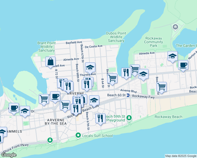 map of restaurants, bars, coffee shops, grocery stores, and more near 4-42 Beach 65th Street in Queens