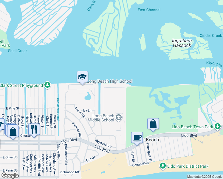 map of restaurants, bars, coffee shops, grocery stores, and more near 298 Harbor Dr in Lido Beach