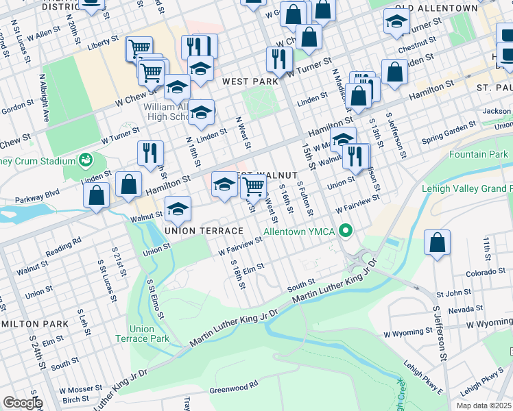 map of restaurants, bars, coffee shops, grocery stores, and more near 1285 North West Street in Allentown