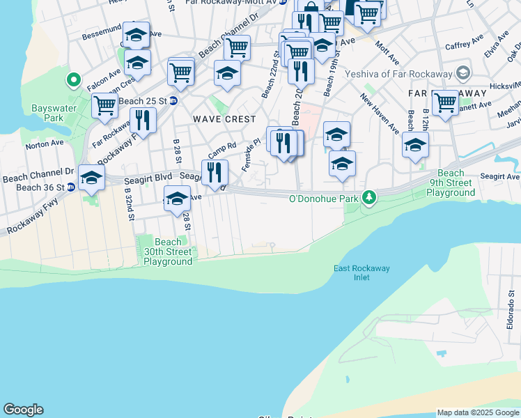 map of restaurants, bars, coffee shops, grocery stores, and more near 20-51 Seagirt Boulevard in Queens