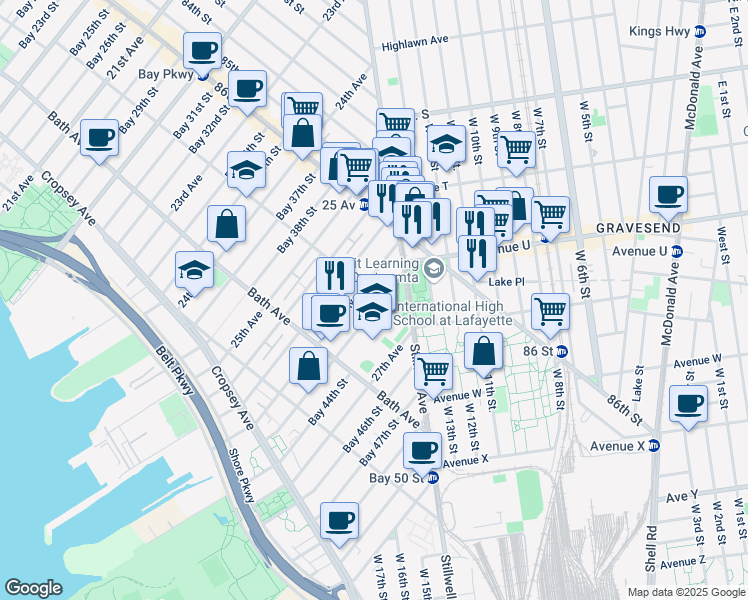 map of restaurants, bars, coffee shops, grocery stores, and more near 46 Bay 43rd Street in Brooklyn