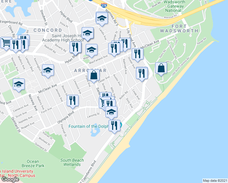 map of restaurants, bars, coffee shops, grocery stores, and more near 117 Mills Avenue in Staten Island