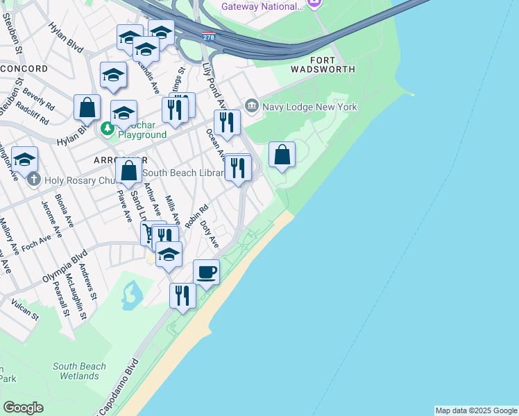 map of restaurants, bars, coffee shops, grocery stores, and more near 173 Ocean Avenue in Staten Island