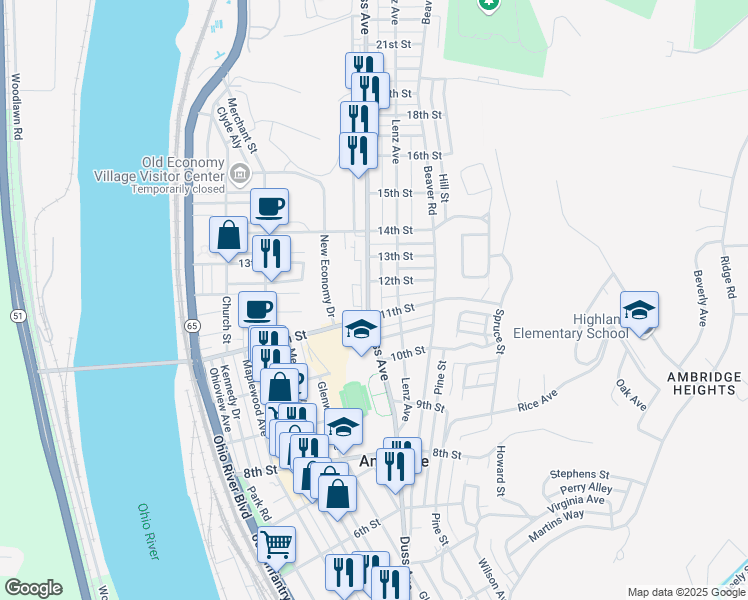 map of restaurants, bars, coffee shops, grocery stores, and more near 1118 Duss Avenue in Ambridge