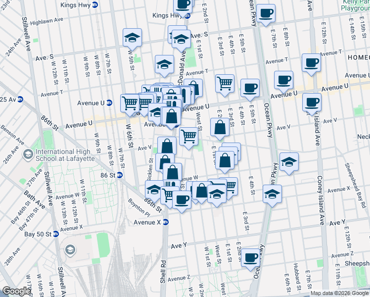 map of restaurants, bars, coffee shops, grocery stores, and more near 25 Village Court in Brooklyn