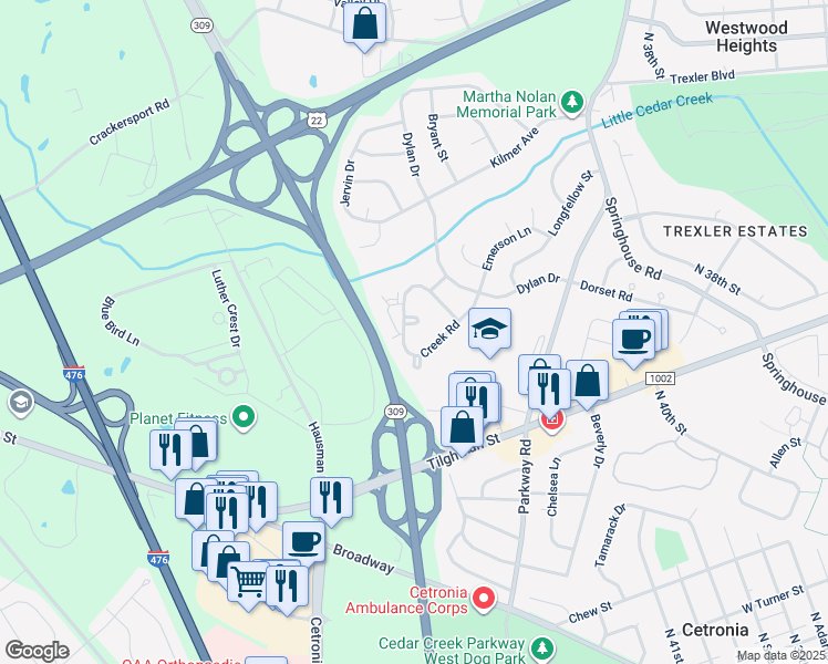 map of restaurants, bars, coffee shops, grocery stores, and more near 4363 Green Tree Lane in Allentown