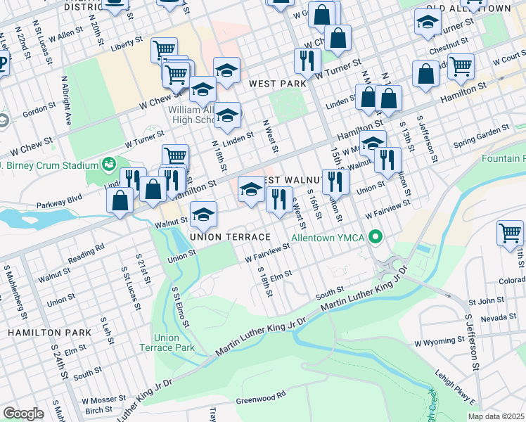 map of restaurants, bars, coffee shops, grocery stores, and more near 113 South Saint Cloud Street in Allentown