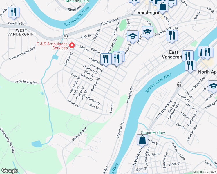 map of restaurants, bars, coffee shops, grocery stores, and more near 120 Lowell Street in Vandergrift