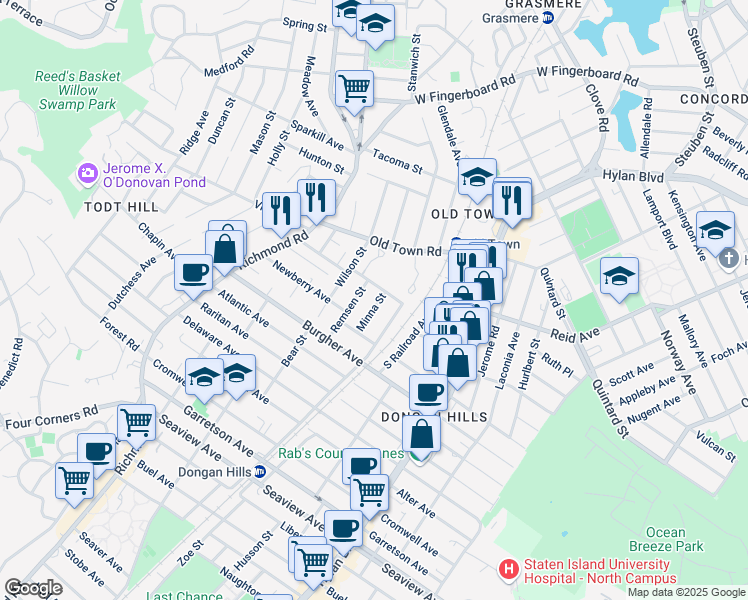 map of restaurants, bars, coffee shops, grocery stores, and more near 11 Minna Street in Staten Island