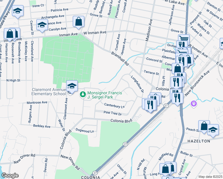 map of restaurants, bars, coffee shops, grocery stores, and more near 70 Longfellow Drive in Woodbridge Township