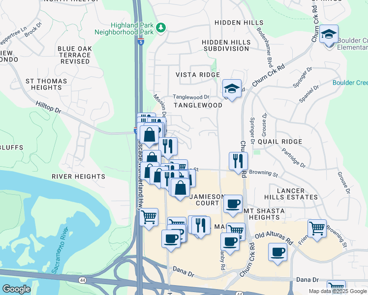 map of restaurants, bars, coffee shops, grocery stores, and more near 895 Mission Sierra Court in Redding