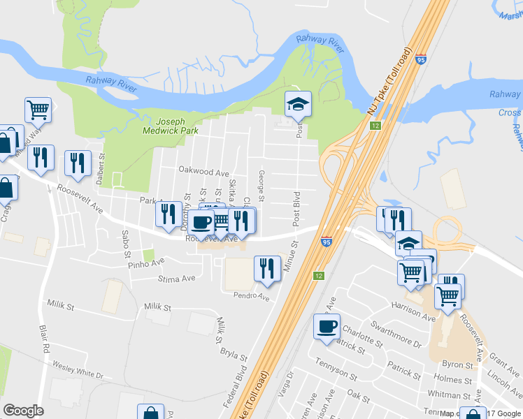 map of restaurants, bars, coffee shops, grocery stores, and more near 40 George Street in Carteret
