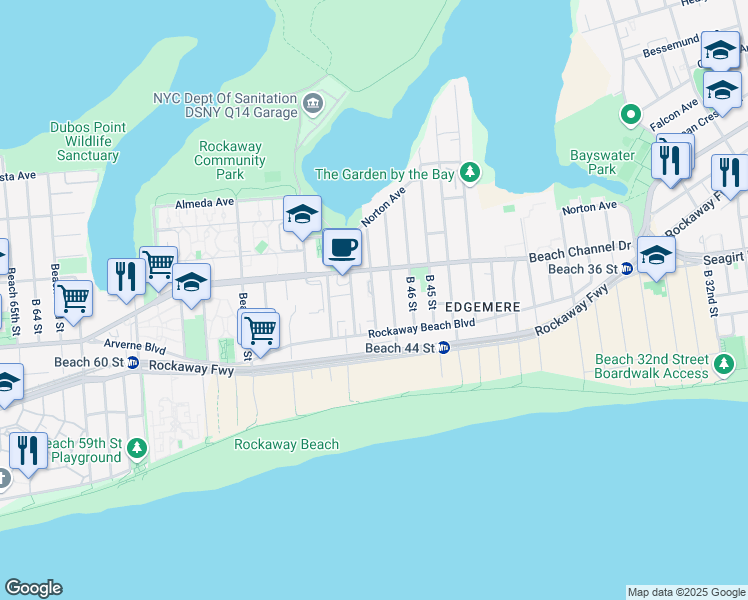 map of restaurants, bars, coffee shops, grocery stores, and more near 342 Beach 48th Street in Queens
