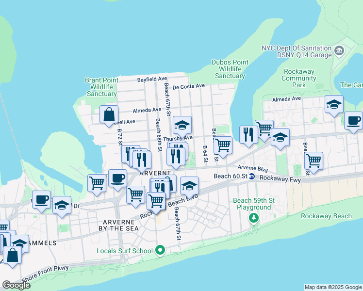 map of restaurants, bars, coffee shops, grocery stores, and more near 449 Beach 66th Street in Queens