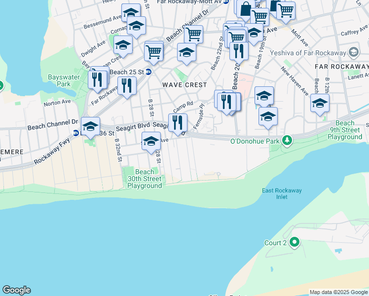 map of restaurants, bars, coffee shops, grocery stores, and more near 183 Beach 24th Street in Queens